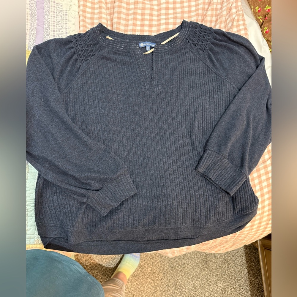 Democracy Navy Ribbed Sweater smocked shoulder detail